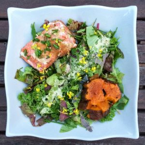 Green Salad with Salmon and Sweet Potato
