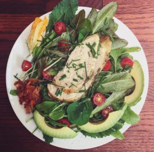 Green Salad with Bacon, Chicken, Avocado and Herbs