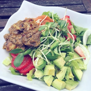 Mixed Greens with grass fed stew beef, sweet potato and avocado